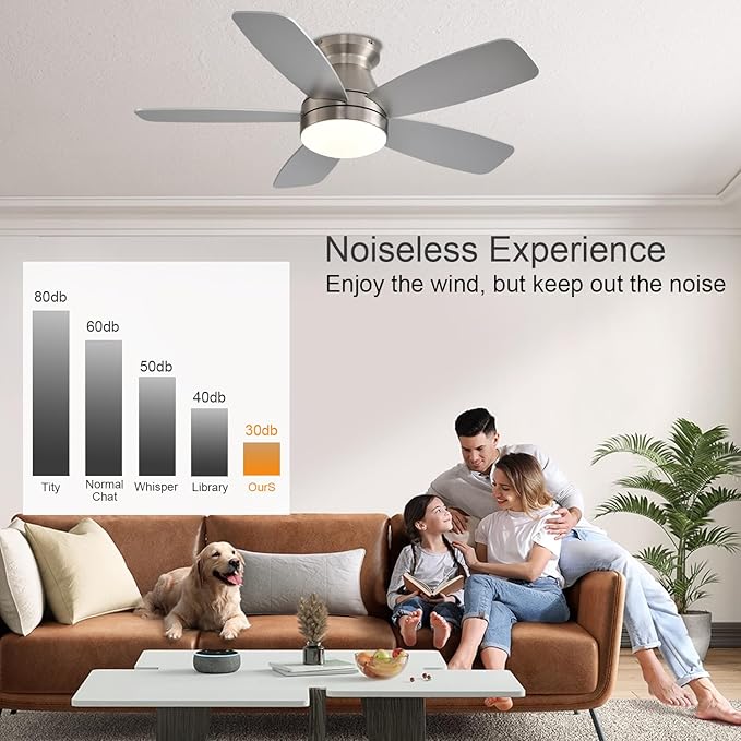 Ceiling Fans with Lights, 42 Inch Low Profile Ceiling Fan with Light and Remote/App Control, Flush Mount, Reversible, 3CCT, Dimmable, Noiseless, Nickel Ceiling Fan for Indoor/Outdoor Use