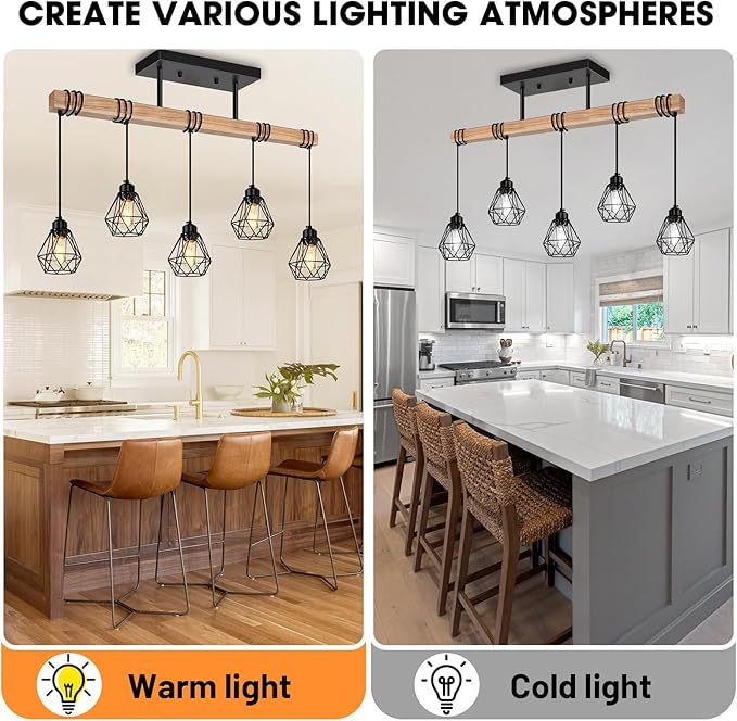 5-Lights Farmhouse Hanging Pendant Light, Dinng Room Light Fixtures for Kitchen Island Lighting Over Table, Black Rustic Wood Ceiling Pendant Lights with Metal Shade for Living Room, Foyer