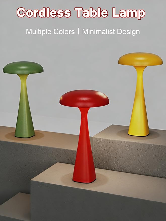 Cordless Table Lamp,Touch LED Reading Light,Cute Desk Lamp with 3 Colors Dimmable,Rechargeable Small Bedside Lamp,Vintage Mushroom Lamp for Bedroom Living Room Dorm Decor(Red)