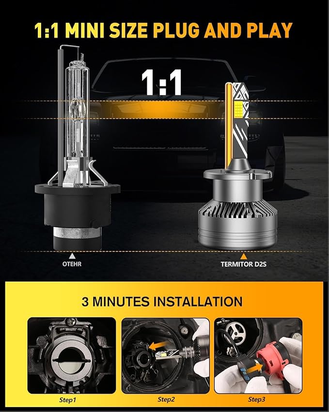 D2S Bulbs, 30000LM 900% Brighter 6500K Cool White, 1:1 Mini Size HID Replacement, Plug and Play, CAN-Bus Ready, IP68 Waterproof, Pack of 2