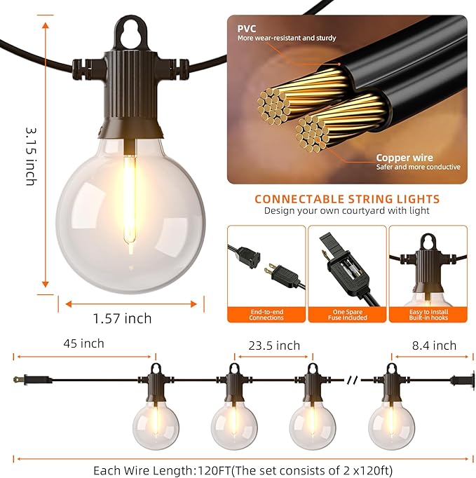 Kawaya 240FT Outdoor Lights String LED Patio Light Waterproof Dimmable G40 Globe String Lighting for Outside with 120+4 Blubs Shatterproof Hanging Lights for Porch Bistro Backyard Gazebo Balcony Cafe