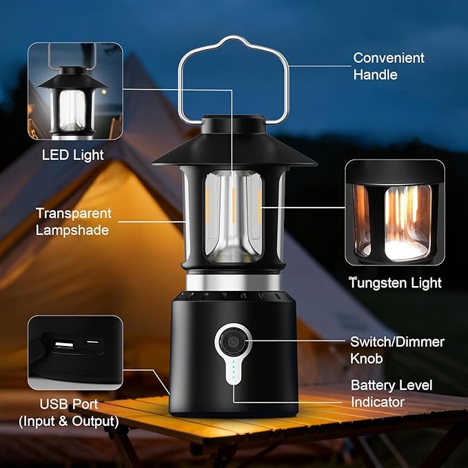 Telescopic LED Camping Lantern, 8000mAh Battery Powered Vintage Camping Lights, 3 Light Modes, Stepless Dimming Tent Lights, Portable Emergency Light for Power Outages, Outdoor Work, Hurricane, Hiking