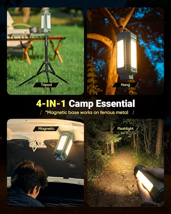 Portable Camping Light with Stand 67'' Rechargeable Work Light - 6500Lumen, 20000mAh Battery, 2700K-6000K Dimmable Camping Lattern with Magnetic Base for Camping, Garage, Emergency