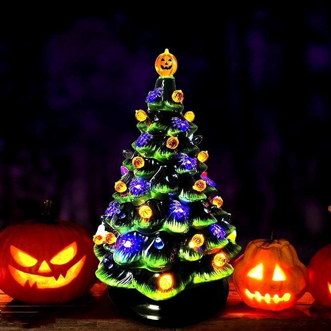 117pcs Halloween Ceramic Tree Replacement Lights Bulbs, Including Spider/Pumpkin Head/Grey Flame & 2pcs Themed Tree Tops (Including Ghost/Pumpkin King) for Decorating Holiday Trees, Etc.