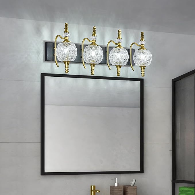 Modern Crystal Bathroom Vanity Lights Fixtures Over Mirror Black Gold Vintage 4-Lights 28 Inch Bathroom Light Fixtures Glass Crystal Vanity Lights