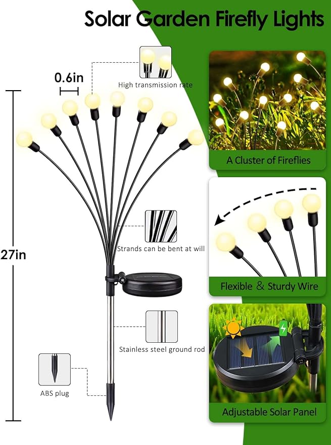 2026 Upgraded Solar Lights Outdoor, 10 Pack Solar Garden Lights with 2 Modes, Firefly Lights Outdoor Waterproof, Sway by Wind, Twinkle Firefly Light for Yard Patio Path Garden Decoration (Warm White)