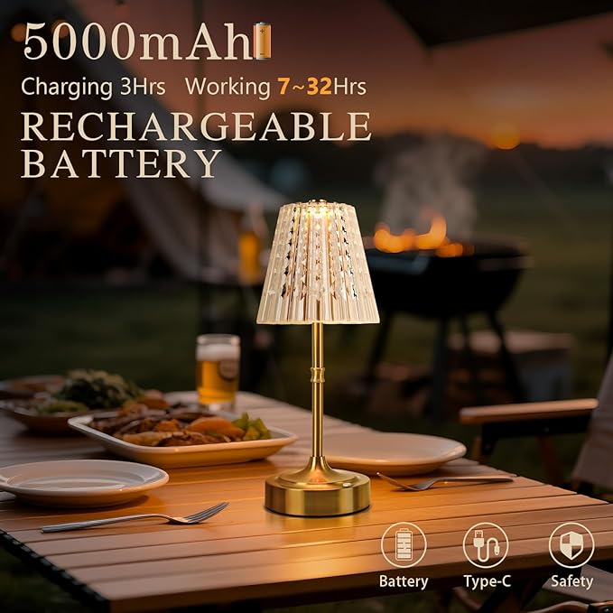 Touch Cordless Table Lamp Rechargeable, 3600mAh Battery Operated Small Crystal Lamp, 3 Color Dimmable Vintage Gold Table Light for Bedroom/Kitchen/Gift for Home Décor ((Luxury Style)