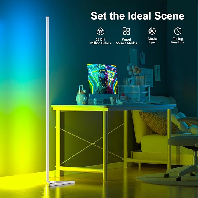 MIHEAL Corner Floor Lamp, 2 Pack LED Corner Lamp with APP and Remote Control, 16 Million DIY Colors & Warm White, Music Sync, Timing Function, Color Changing Ambient Lights for Living Room, Bedroom