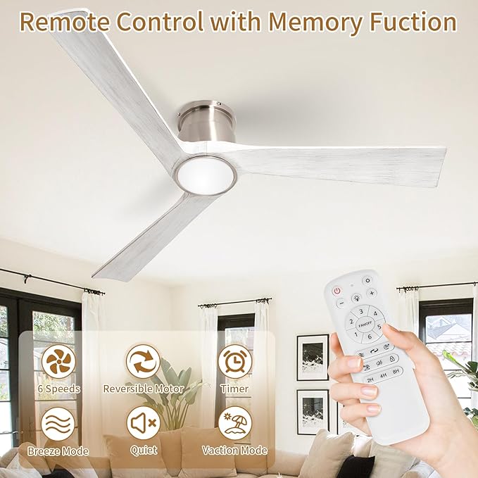 52Inch Ceiling Fan with Lights Remote Control,Flush Mount Ceiling Fan with Noiseless Reversible DC Motor with 6-Speed and Timer for Bedroom,Living Room,Home Office,Brushed Nickel