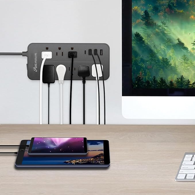 20FT Surge Protector Extension Cord with Flat Plug, 8 Outlets, 3 USB A & 1 USB-C Port, 1700J Wall Mount Desk Power Strip Black, ETL Listed
