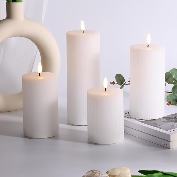 White Ribbed Flameless Pillar Candles with Remote, Flat Top Flickering LED Wax Battery Candles Set of 4, Φ 3" H 4" 5" 6" 8"