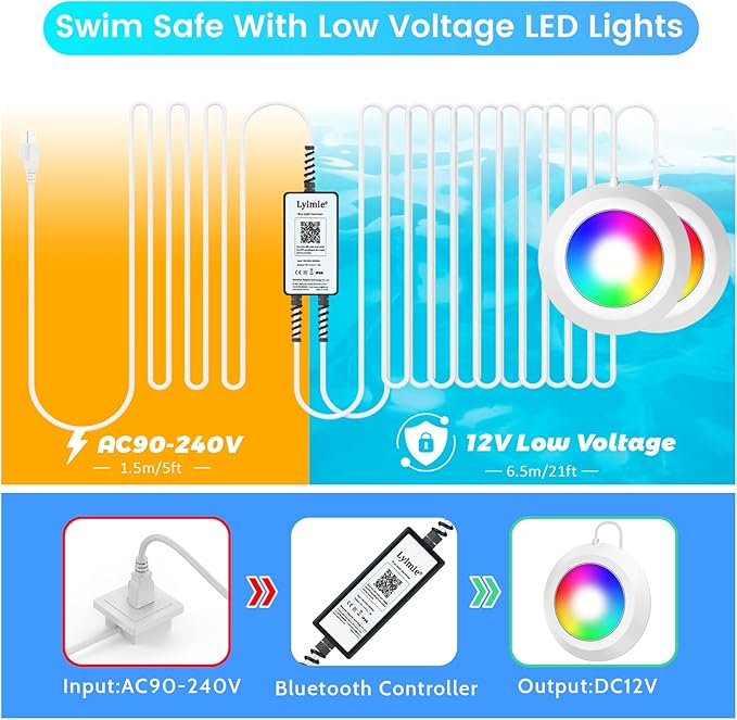 LyLmLe LED Pool Lights 50W Double Lights for Giant Pools, 12V APP Control Underwater Light with Magnet & Timer, 2000lm, IP68 Waterproof Submersible Light for Aboveground and Inground Pools