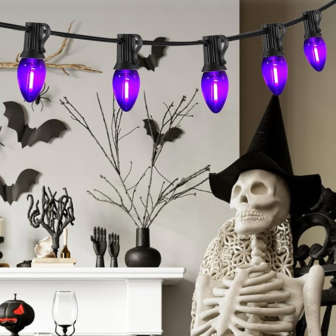 C7 Purple Halloween Lights Outdoor Indoor, 10FT Waterproof LED String Lights with Black Wire for Patio, Window, Door, Party Backdrop Décor