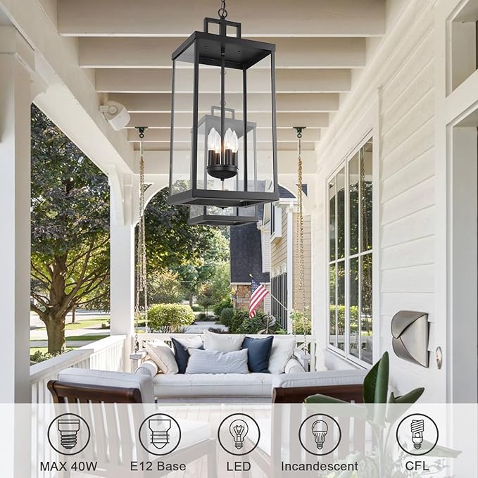 Outdoor Pendant Light, 25'' Large Hanging Lights Lantern Light, Modern Outside Chandelier with Clear Glass, Exterior Gazebo Light for Patio, Porch, Yard, Garage
