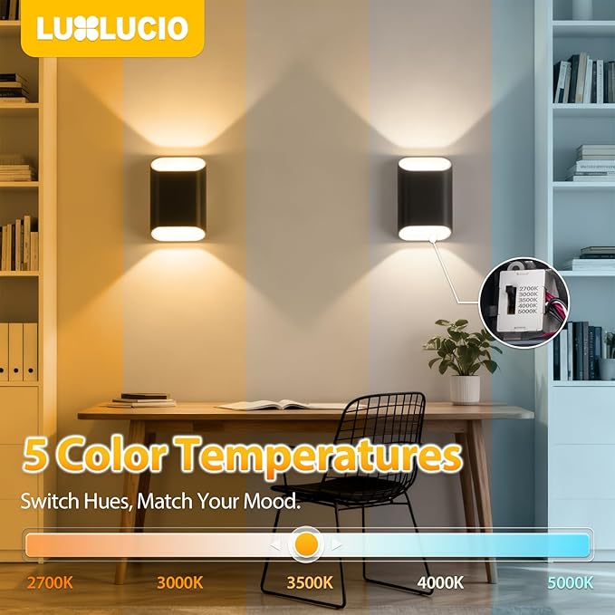 2 Pack Black & Gold Up & Down Wall Sconce Lamp 5%-100% Dimmable, Modern Indoor/Outdoor Porch Light, IP65 Waterproof, 120V, 1200LM, 12W, 2700K-5000K Selectable, CRI90+, ETL FCC Certified