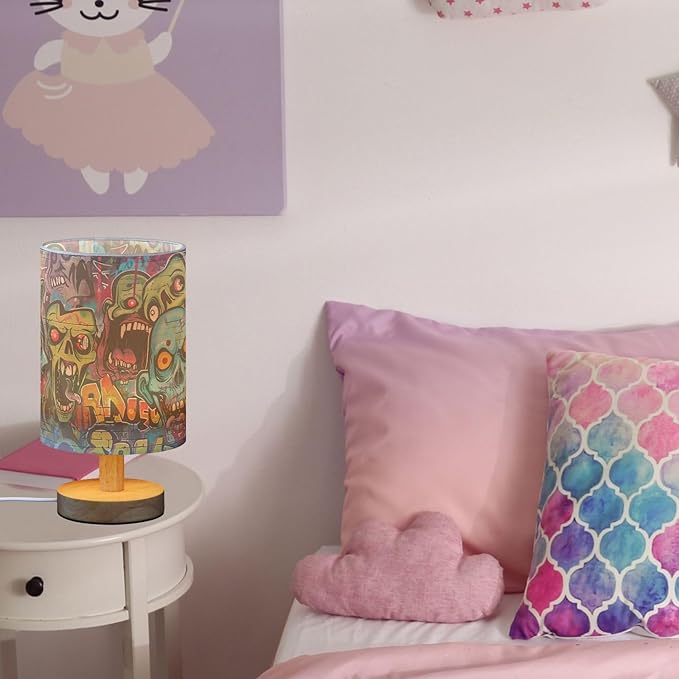 Graffiti Art Zombie Green Scary Walking Dead Bedside Table Lamps with USB Port for Bedroom Lamp Accent Table Lamp Small Nightstand Lamp Sturdy Linen Shade Wood Decorative Lamps for Home|Kids|Holiday