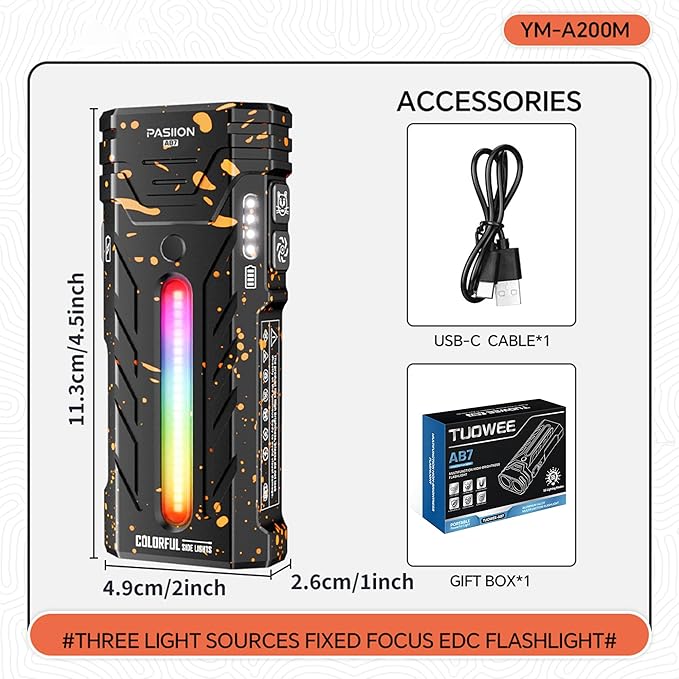 EDC Rechargeable Flashlight 3250 Lumens with RGB Light,55 Modes Multifunctional Flat Flashlight with Floodlight,Spotlight and Magnetic Base,Waterproof USB C Flashlight for Camping,Home,Emergencies