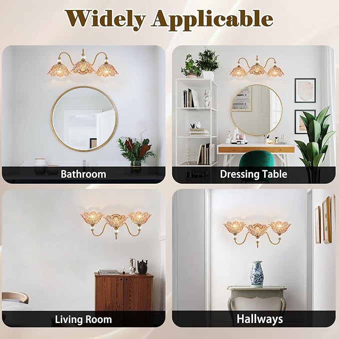 Vintage 3-Light Bathroom Vanity Light | Matte Brass & Flower Amber Glass Wall Sconce