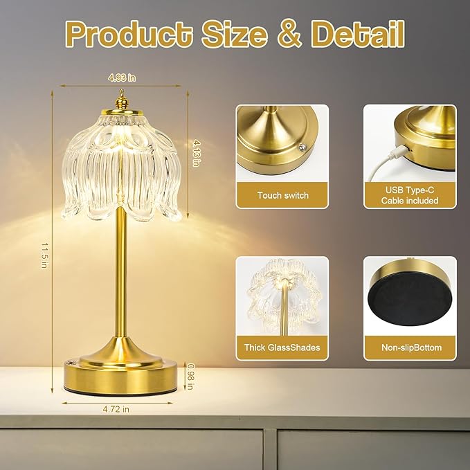 Cordless Lotus Flower Table Lamp, 5200mAh Rechargeable Battery Operated Portable Lamp, 3-Color Dimmable Touch Control Small Desk Lamp for Bedroom, Office, Kitchen, Nightstand,Room Decor (Flower Clear)
