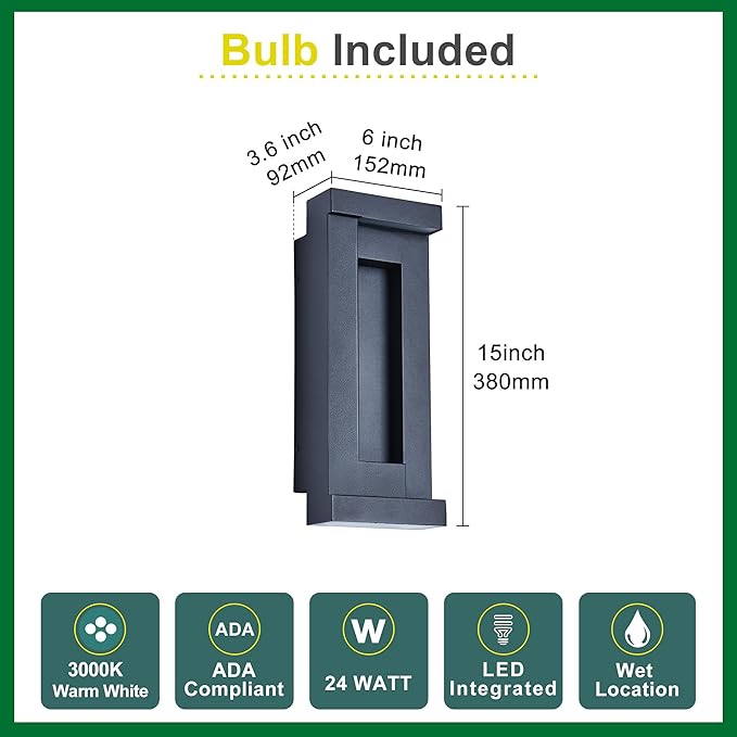 Modern Outdoor Wall Light,Integrated LED 24W 2200LM 3000K,Porch & Patio Lights,IP65 Waterproof for Decor,Triac Dimmable,Voltage 120-277V Suitable for Global Use, 2 Pack Textured Black.