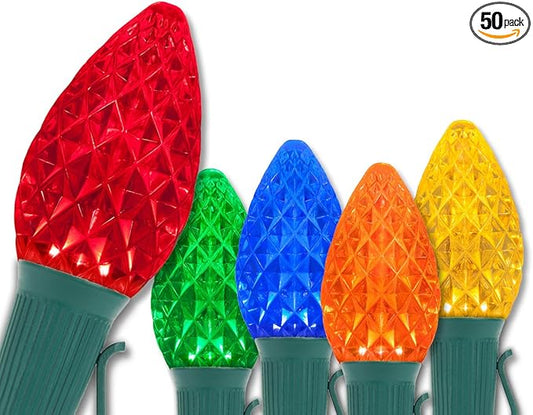 50 ft C7 OptiCore LED Multicolor Outdoor Christmas Lights - Commercial Grade for Party, Patio, Bedroom - Green Wire (50 Lights)