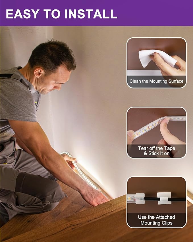 Outdoor LED Strip Lights Waterproof White, 16.4ft IP67 High Density Dimmable Tape Light 4000K, 600 LEDs, 300Lm/ft, 12V Flexible Rope Lights for Home, Balcony, Roof, Patio (Power Source Not Included)