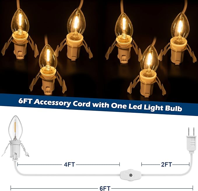 6 Packs 6ft Village Light Cord with 1W C7 LED Bulb, Salt Lamp Cord with ON/Off Switch and 2 Spare Fuses, Blow Mold Light Ideal for Christmas Village House Craft Decorations
