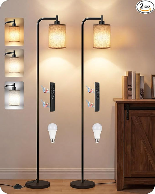 2Pack Dimmable Floor Lamp for Living Room with Remote and Foot Switch, Modern Standing, Corner Lamp,10W Bulb 3 Color Temperatures, for Bedroom, Office, ETL Listed, Black and Beige E19LDP205