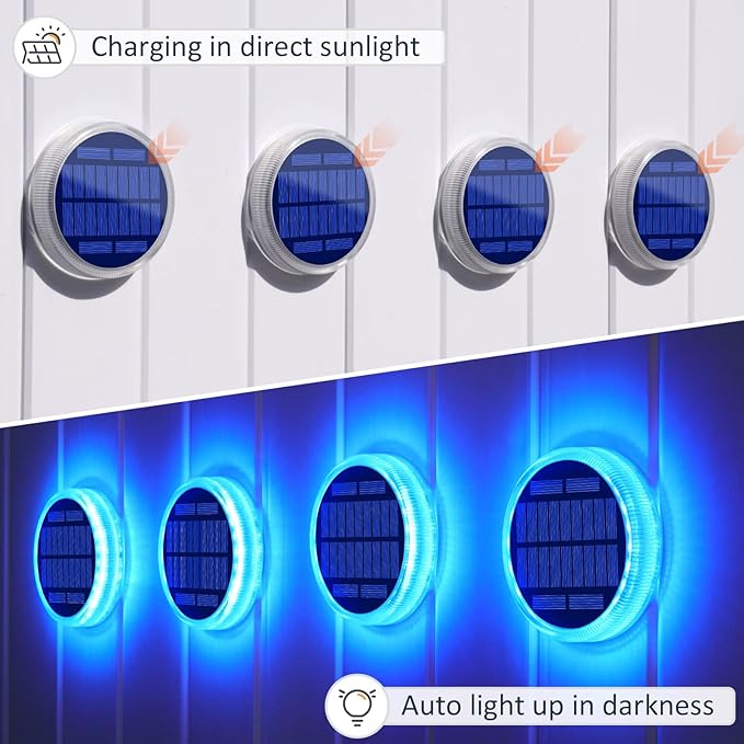 Blue Solar Deck Dock Lights Solar Powered, Step Warning Lights for Outside Driveway Sidewalk Garden Pathway Yard (4 Pack)