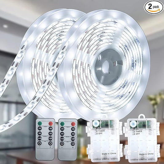 Battery Operated LED Strip Lights with Remote Daylight White, Timer, Dimmable, Waterproof, 13.2ft 240 LED Light Strip Suitable for Stairs, Wardrobe, Kitchen, Bedroom, Party, 2 Pack of 6.6ft.