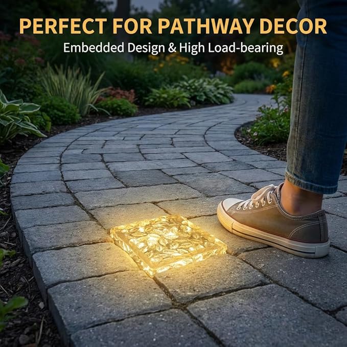 Solar Brick Lights Outdoor Waterproof - Recessed Solar Paver Lights, Ice Brick Design, No Wiring Needed,Landscape Lighting for Pathway,Garden, Patio, Yard, Driveway Decor (8, Warm White, Square)