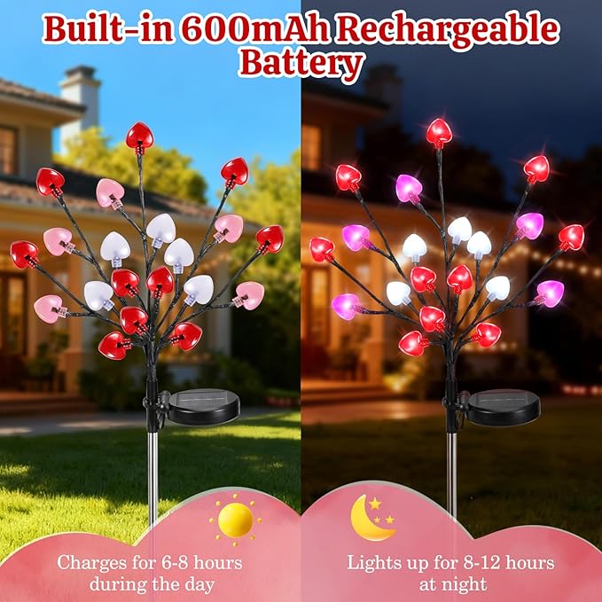 Lewondr Valentine's Day Solar Outdoor Lights, 4 Pcs Valentines Day Decorations, 20 LED Red Pink White Heart Solar Lights with 2 Modes, Waterproof Valentines Decor for Outdoor Garden Lawn Yard Pathway