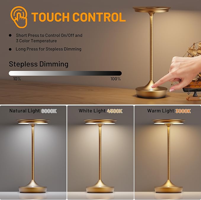 LED Cordless Table Lamps Rechargeable - Outdoor 6000mAh Battery Operated Portable Tables Light 3 Color Stepless Dimming Lamp with Memory Function for Patio Restaurant Dining Bronze