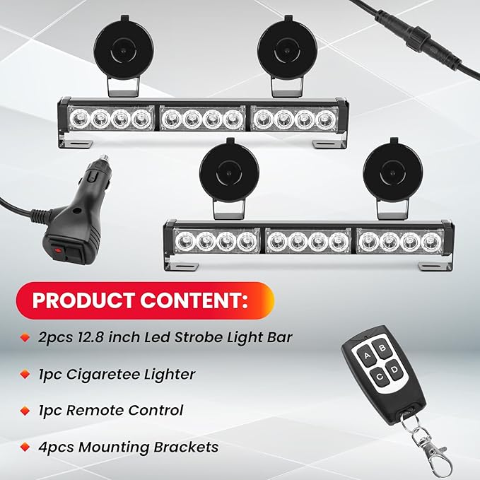 Red and White Emergency Fire Firefighter Strobe Lights Bar For Vehicles Trucks Ambulance 23 Flash Patterns Fire 2 in 1 Lights 2pcs 12.8 inch Safety Warning Lights Wireless Remote Control