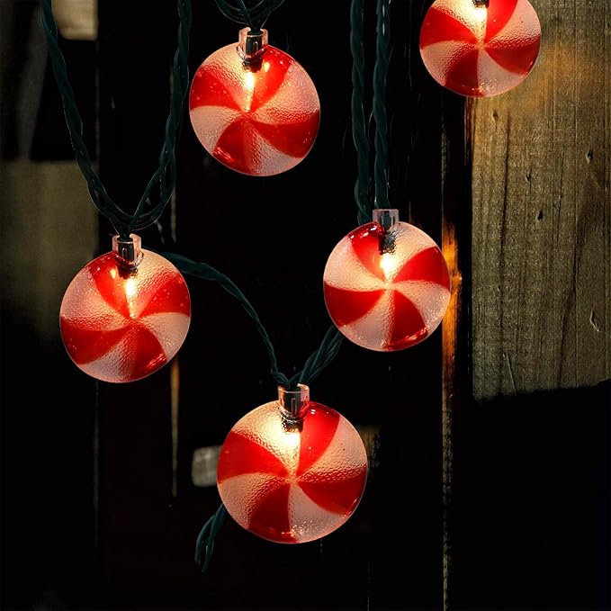 Christmas Candy Lights, 8.5Ft Christmas Decorations String Lights with 10 Red White Peppermint Candy Lights, Hanging Christmas Candy Fairy Lights for Xmas Outdoor Party Birthday Window Bedroom Decor