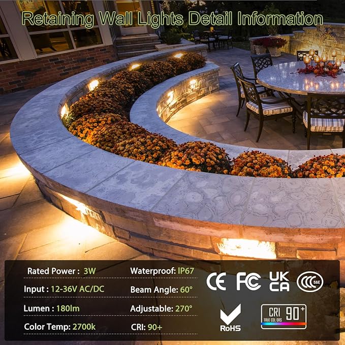 Retaining Wall Lights,12 Pack 7 Inch LED Hardscape Lighting,12-36V 2.5W Low Voltage Fence Lights,Outdoor Step Lights with IP67 Waterproof 2700K Warm Light