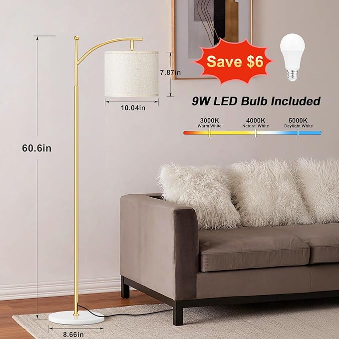 Ambimall 60" Floor Lamps for Living Room with 3 Color Temperatures, Gold Standing Lamp with White Marble Base, Modern Tall Lamps for Bedroom Office, 9W LED Bulb Included