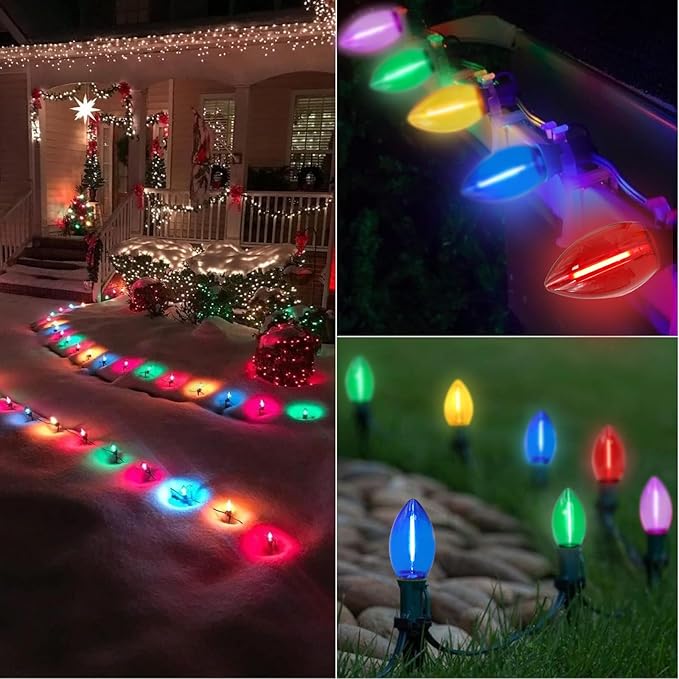 25 Pack C9 Replacement Christmas Light Bulbs, 0.6 Watt C9 Multicolor Clear LED Light Bulbs for Christmas Indoor Outdoor Patio Halloween Party String Lights, C9/E17 Candelabra Base