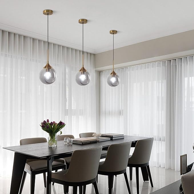 KCO Lighting Modern 1-Light Globe Pendant Light Mid Century Large Single Smoke Glass Hanging Light Brushed Brass Adjustable Pendant Light Fixture for Living Room Kitchen Island