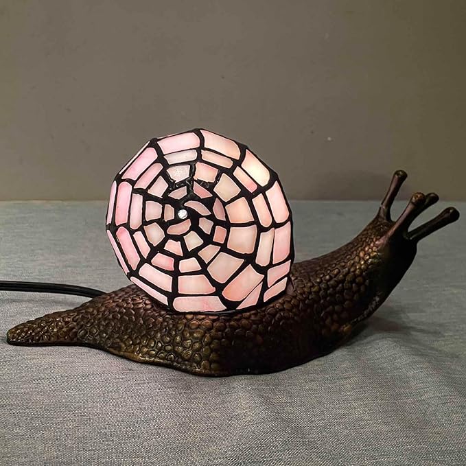 Bieye L10962 Land Snail Tiffany Style Stained Glass Accent Table Lamp for Home Decoration (Pink, 10" D x 5" W x 5" H)
