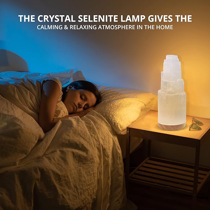Selenite Crystal Lamp, 20 cm Tall, High Energy Skyscraper Lamp with Wooden Base & USB Charging Cable, ETL Certified, Hand Curved Selenite for Spiritual Protection and Therapy