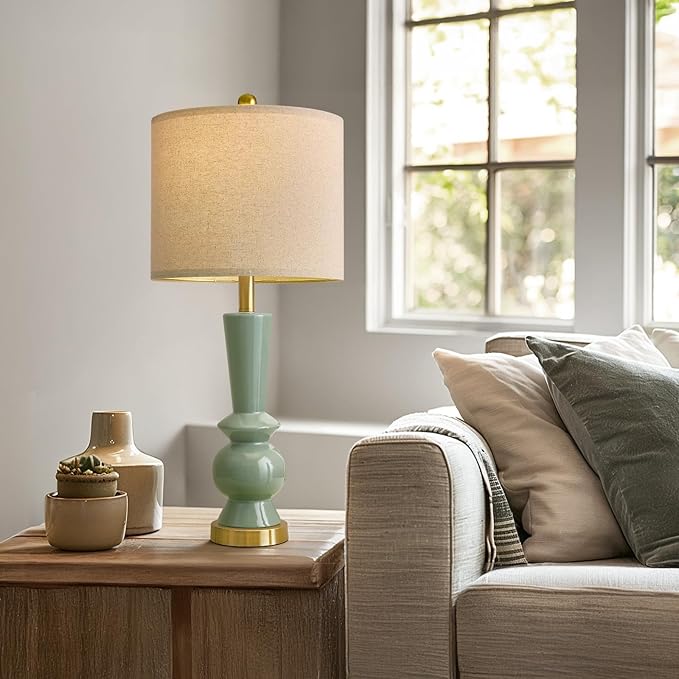 PORTRES 27" Modern Ceramic Table Lamp Set of 2 for Living Room Green & Gold Bedside Lamps for Bedroom Nightstand Lamp Tall End Table Lamps