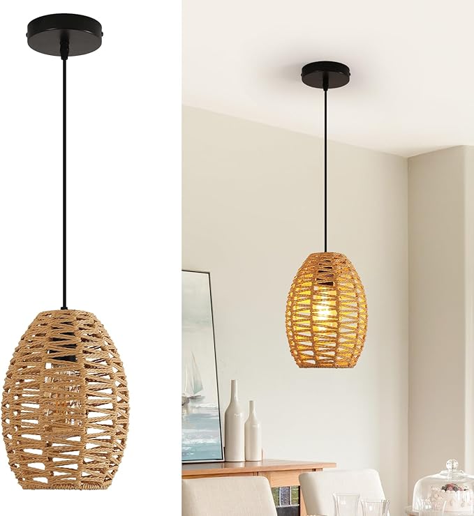 DELIPOP Pendant Light, Hand-Woven Rattan Chandelier, Boho Hanging Light with Adjustable Cord 4.9ft for Living Room, Dining Room, Kitchen, Bedroom (Black & Brown)