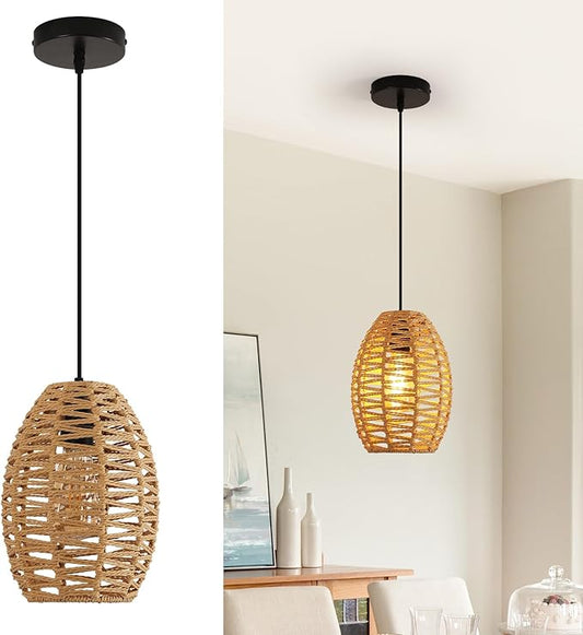 DELIPOP Pendant Light, Hand-Woven Rattan Chandelier, Boho Hanging Light with Adjustable Cord 4.9ft for Living Room, Dining Room, Kitchen, Bedroom (Black & Brown)