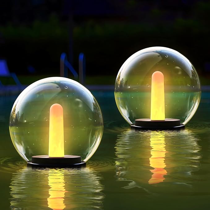 2-Pack Solar Floating Pool Lights Ball Outdoor Water-Resistant IP66 Solar-Powered that Float Candles Flickering Lights for Swimming Pool Decor Pond Garden Party