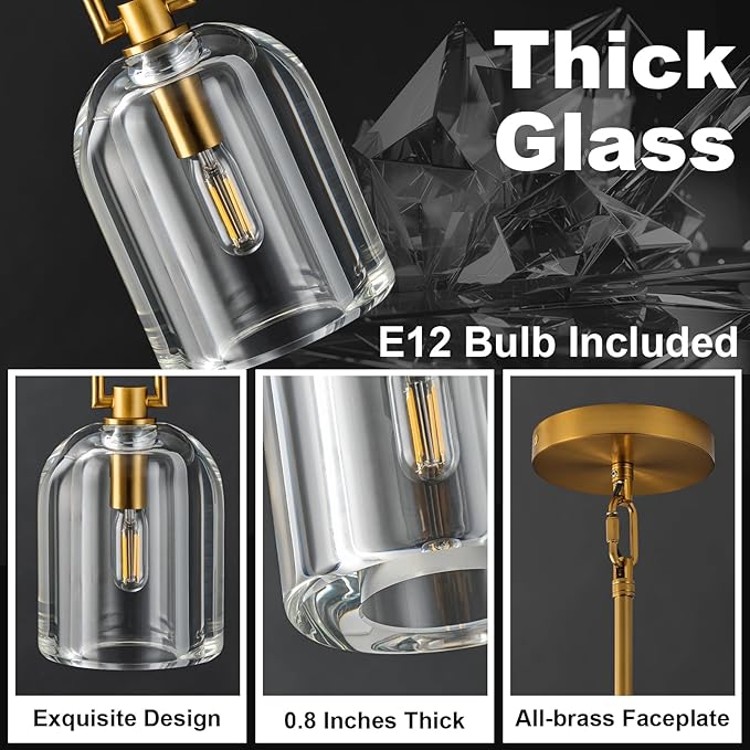 Brass Pendant Light Fixtures, Gold Pendant Light, Indoor Pendant Light for Kitchen Island Dining Room Living Room Bedroom Bathroom, E12 Bulb Included, 2PCS