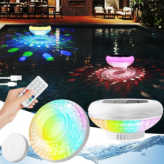 Solar Pool Chlorine Floater with Colorful Lights(2 Pack), 2600mAh Adjustable Release Easy-Open Chlorine Floater Dispenser, 6.69 Inch 13 Colors IP68 Waterproof Pool Chlorine Dispenser for Pools