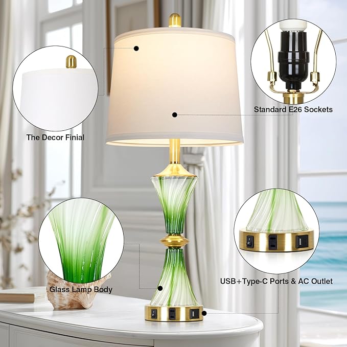 Green Glass Table Lamp Set of 2 with USB C+A Ports & AC Outlet, Bedside Lamp, Modern Bedroom Lamps, Coastal Lamp for Night Stands Bedroom Living Room,Nightstand Lamp LED Bulbs Included