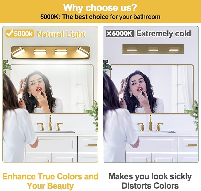 1600LM LED Modern Bathroom Vanity Light Fixtures, 360° Rotate Acrylic Gold Vanity Lights for Bathroom, Modern Wall Lighting Fixtures Over Mirror Kitchen Living Room (Natural White Light 5000K)