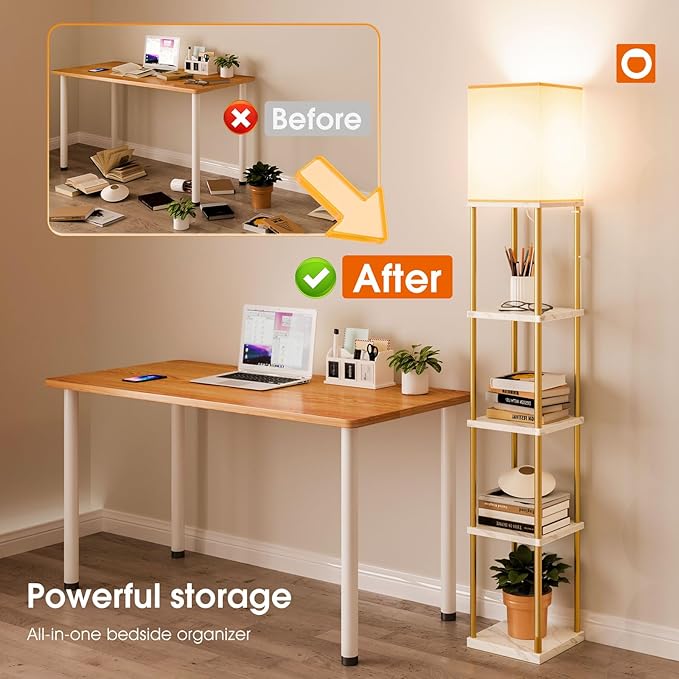 addlon 5-Tier Floor Lamp with Shelves, Standing Lamp with 3 Color Temperature, Corner Display Nightstand Lamp for Living Room, Bedroom and Office (70'' H, Gold&White)